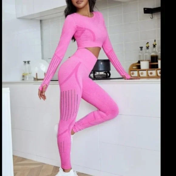 Hot Pink High-Waisted Stretch Leggings And Top for Active Comfort - Picture 5 of 6